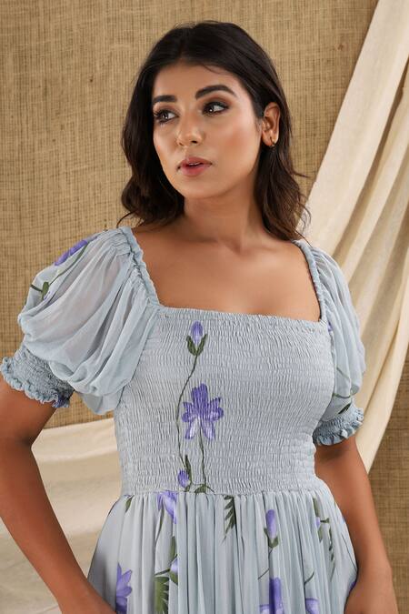 Suti Kapda_Grey Chiffon, Georgette Square Neck Hand Painted Maxi Dress_Online_at_Aza_Fashions