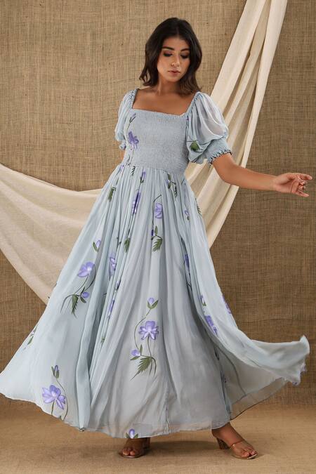 Buy_Suti Kapda_Grey Chiffon, Georgette Square Neck Hand Painted Maxi Dress_Online_at_Aza_Fashions