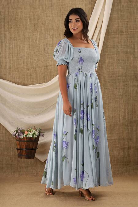 Shop_Suti Kapda_Grey Chiffon, Georgette Square Neck Hand Painted Maxi Dress_Online_at_Aza_Fashions