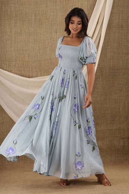 Suti Kapda_Grey Chiffon, Georgette Square Neck Hand Painted Maxi Dress_at_Aza_Fashions