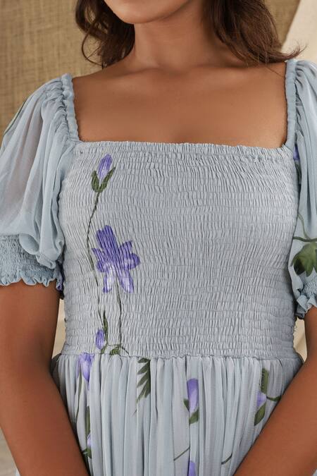 Buy_Suti Kapda_Grey Chiffon, Georgette Square Neck Hand Painted Maxi Dress