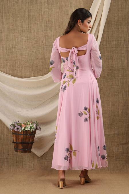 Shop_Suti Kapda_Pink Chiffon, Georgette Sweetheart Neck Floral Hand Painted Dress_at_Aza_Fashions