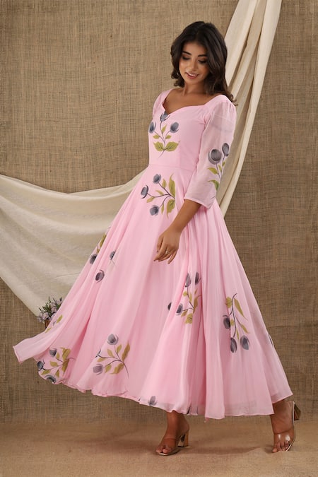 Suti Kapda_Pink Chiffon, Georgette Sweetheart Neck Floral Hand Painted Dress_Online_at_Aza_Fashions