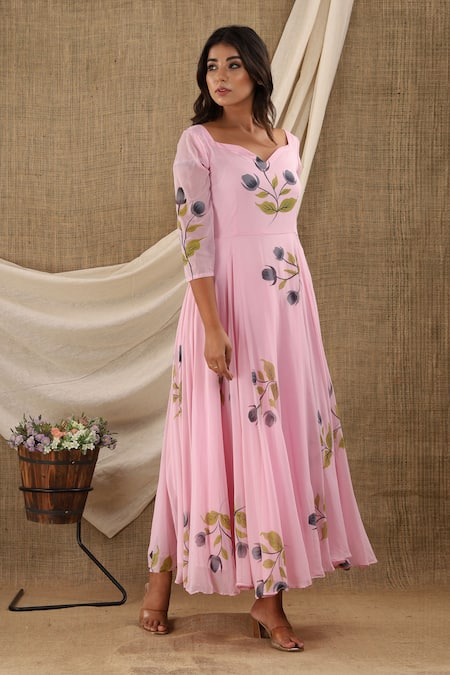 Buy_Suti Kapda_Pink Chiffon, Georgette Sweetheart Neck Floral Hand Painted Dress_Online_at_Aza_Fashions