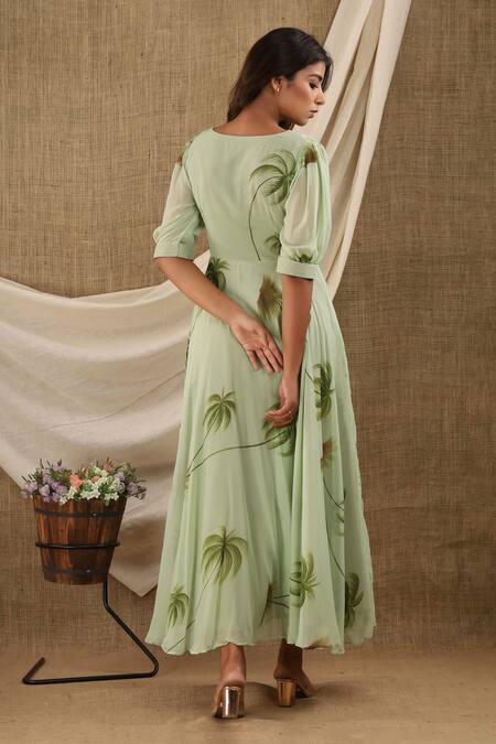 Shop_Suti Kapda_Green Chiffon, Georgette V-neck Botanical Hand Print Maxi Dress_at_Aza_Fashions