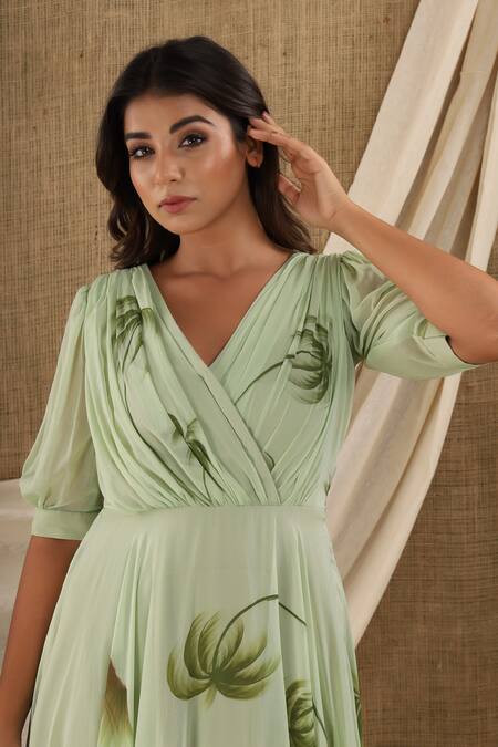 Suti Kapda_Green Chiffon, Georgette V-neck Botanical Hand Print Maxi Dress_Online_at_Aza_Fashions