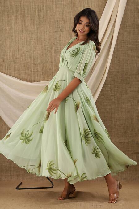 Shop_Suti Kapda_Green Chiffon, Georgette V-neck Botanical Hand Print Maxi Dress_Online_at_Aza_Fashions
