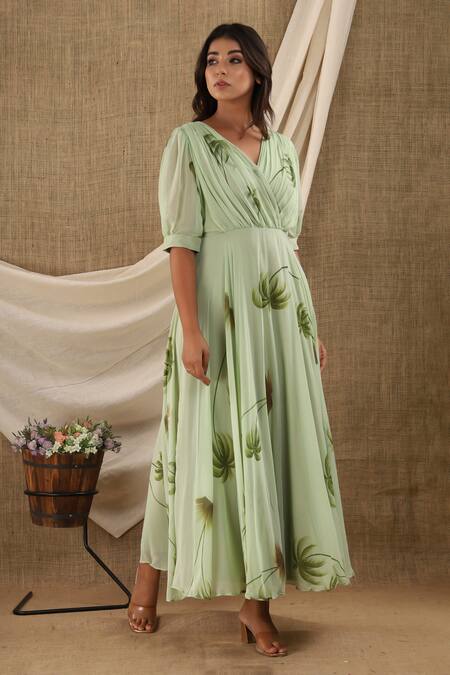 Suti Kapda_Green Chiffon, Georgette V-neck Botanical Hand Print Maxi Dress_at_Aza_Fashions