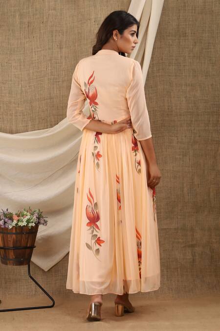 Shop_Suti Kapda_Peach Chiffon, Georgette Embroidery V-neck Floral Veli Hand Painted Maxi Dress_at_Aza_Fashions