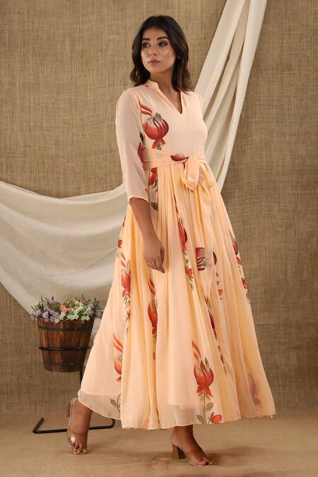 Buy_Suti Kapda_Peach Chiffon, Georgette Embroidery V-neck Floral Veli Hand Painted Maxi Dress_Online_at_Aza_Fashions