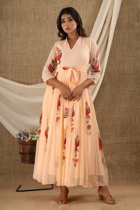 Shop_Suti Kapda_Peach Chiffon, Georgette Embroidery V-neck Floral Veli Hand Painted Maxi Dress_Online_at_Aza_Fashions