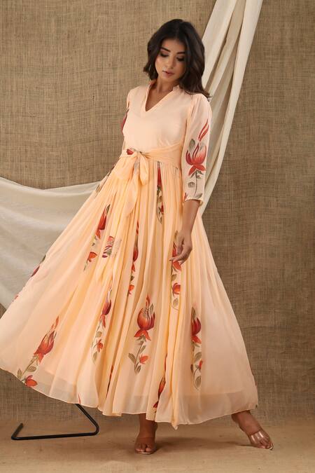 Suti Kapda_Peach Chiffon, Georgette Embroidery V-neck Floral Veli Hand Painted Maxi Dress_at_Aza_Fashions