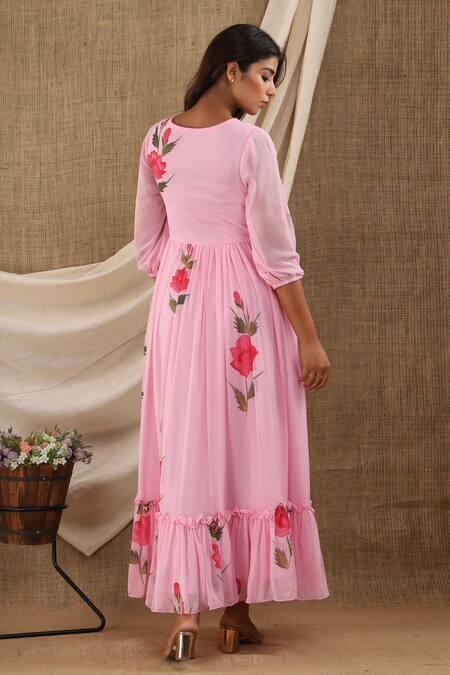 Shop_Suti Kapda_Pink Chiffon, Georgette Round Neck Floral Hand Painted Maxi Dress_at_Aza_Fashions