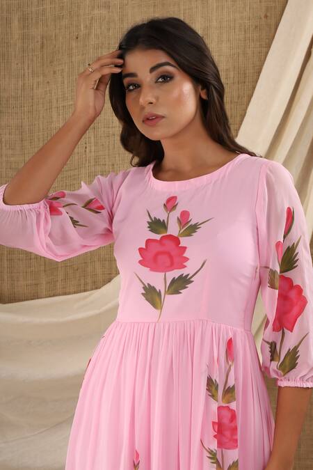 Suti Kapda_Pink Chiffon, Georgette Round Neck Floral Hand Painted Maxi Dress_Online_at_Aza_Fashions