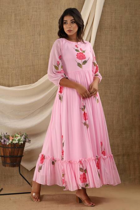 Buy_Suti Kapda_Pink Chiffon, Georgette Round Neck Floral Hand Painted Maxi Dress_Online_at_Aza_Fashions