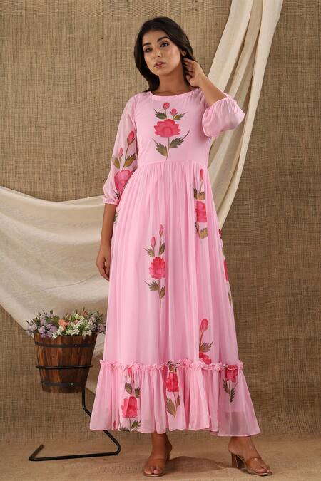 Shop_Suti Kapda_Pink Chiffon, Georgette Round Neck Floral Hand Painted Maxi Dress_Online_at_Aza_Fashions
