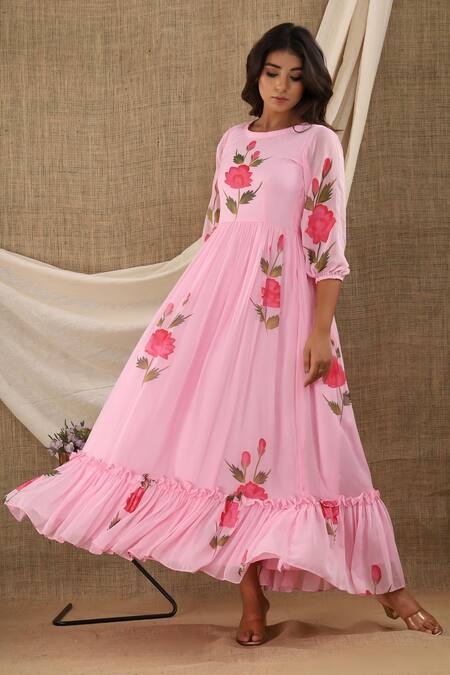 Suti Kapda_Pink Chiffon, Georgette Round Neck Floral Hand Painted Maxi Dress_at_Aza_Fashions