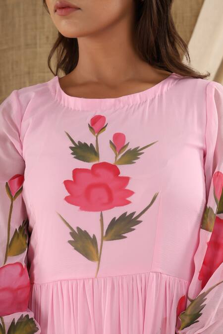 Buy_Suti Kapda_Pink Chiffon, Georgette Round Neck Floral Hand Painted Maxi Dress