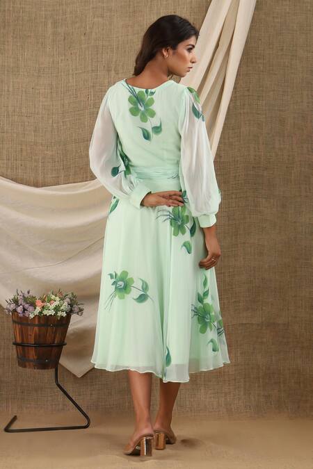 Shop_Suti Kapda_Green Chiffon, Georgette V-neck Floral Hand Painted Midi Dress_at_Aza_Fashions