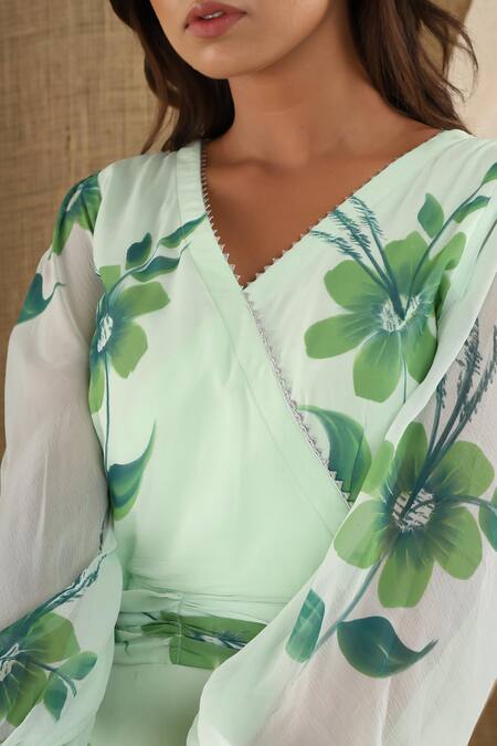 Suti Kapda_Green Chiffon, Georgette V-neck Floral Hand Painted Midi Dress_Online_at_Aza_Fashions