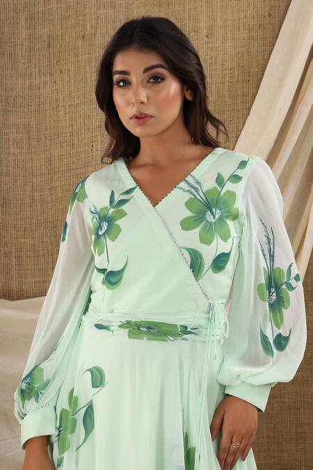 Buy_Suti Kapda_Green Chiffon, Georgette V-neck Floral Hand Painted Midi Dress_Online_at_Aza_Fashions