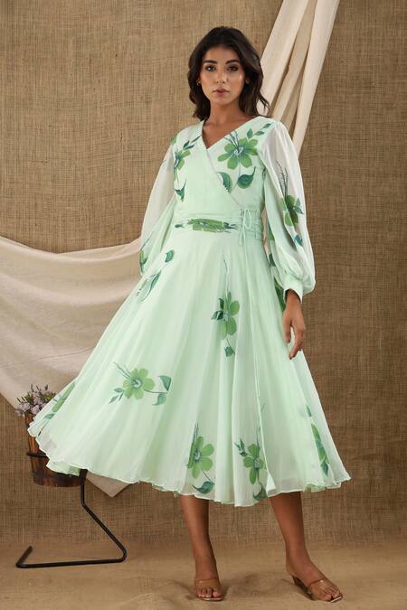 Buy_Suti Kapda_Green Chiffon, Georgette V-neck Floral Hand Painted Midi Dress