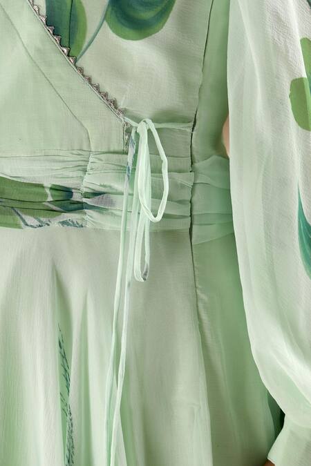 Shop_Suti Kapda_Green Chiffon, Georgette V-neck Floral Hand Painted Midi Dress