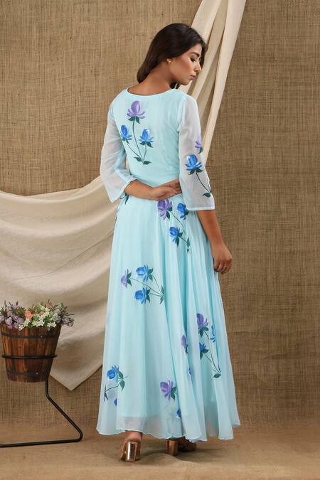 Shop_Suti Kapda_Blue Chiffon, Georgette Round Neck Flower Hand Painted Maxi Dress_at_Aza_Fashions