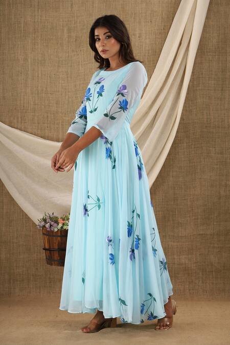 Suti Kapda_Blue Chiffon, Georgette Round Neck Flower Hand Painted Maxi Dress_Online_at_Aza_Fashions