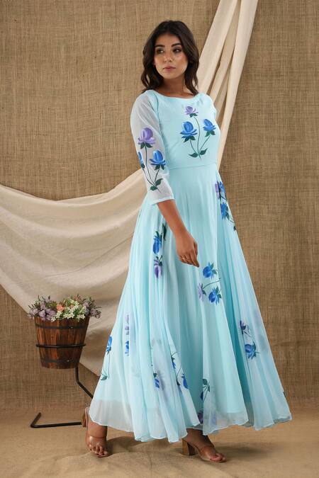 Buy_Suti Kapda_Blue Chiffon, Georgette Round Neck Flower Hand Painted Maxi Dress_Online_at_Aza_Fashions
