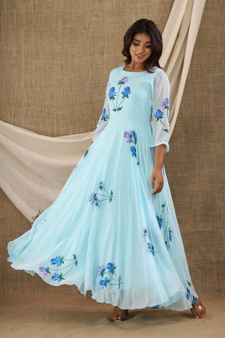 Shop_Suti Kapda_Blue Chiffon, Georgette Round Neck Flower Hand Painted Maxi Dress_Online_at_Aza_Fashions