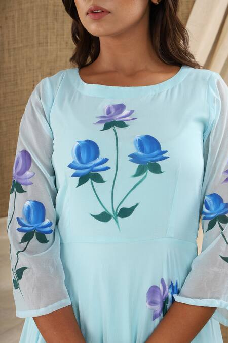 Suti Kapda_Blue Chiffon, Georgette Round Neck Flower Hand Painted Maxi Dress_at_Aza_Fashions