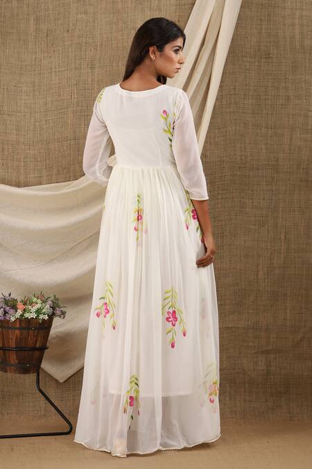 Shop_Suti Kapda_White Chiffon, Georgette Embroidery Round Neck Flower Hand Painted Dress_at_Aza_Fashions