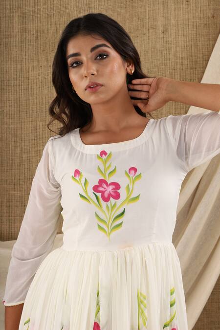 Suti Kapda_White Chiffon, Georgette Embroidery Round Neck Flower Hand Painted Dress_Online_at_Aza_Fashions