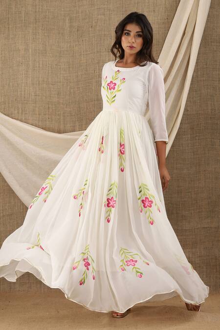 Buy_Suti Kapda_White Chiffon, Georgette Embroidery Round Neck Flower Hand Painted Dress_Online_at_Aza_Fashions