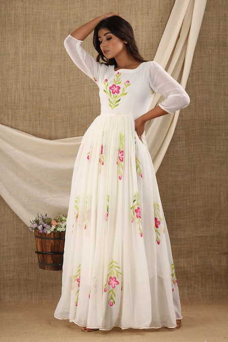 Shop_Suti Kapda_White Chiffon, Georgette Embroidery Round Neck Flower Hand Painted Dress_Online_at_Aza_Fashions
