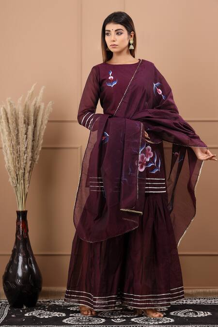 Buy_Suti Kapda_Wine Chanderi Lace Round Neck Floral Handpainted Kurta Sharara Set _Online_at_Aza_Fashions