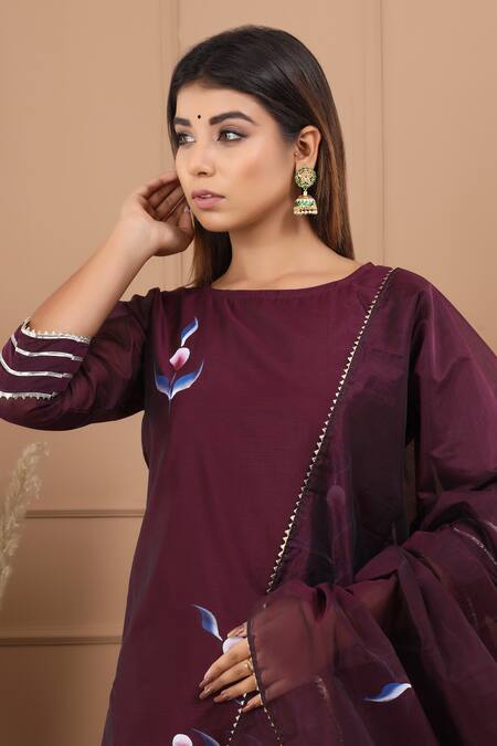 Suti Kapda_Wine Chanderi Lace Round Neck Floral Handpainted Kurta Sharara Set _at_Aza_Fashions