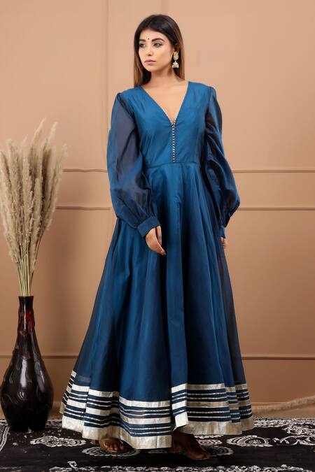 Suti Kapda_Blue Chanderi Gota Patti V-neck Embroidered Gown _Online_at_Aza_Fashions