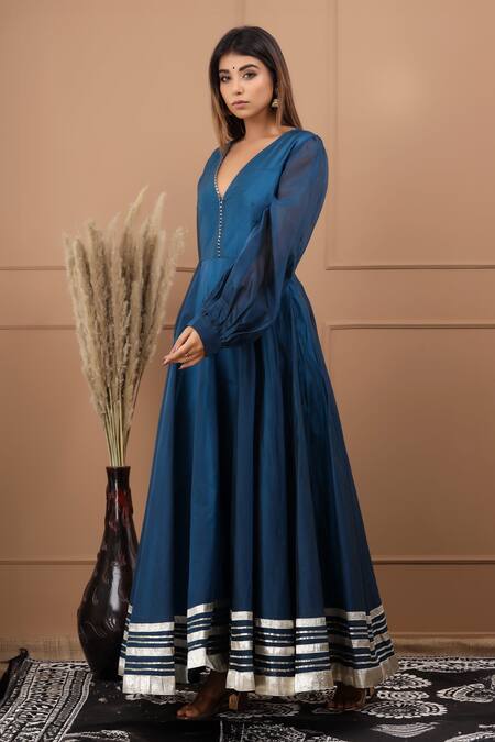 Buy_Suti Kapda_Blue Chanderi Gota Patti V-neck Embroidered Gown _Online_at_Aza_Fashions