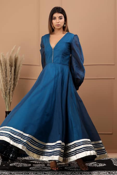 Shop_Suti Kapda_Blue Chanderi Gota Patti V-neck Embroidered Gown _Online_at_Aza_Fashions