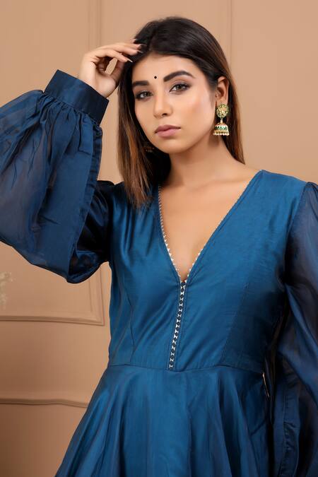 Suti Kapda_Blue Chanderi Gota Patti V-neck Embroidered Gown _at_Aza_Fashions