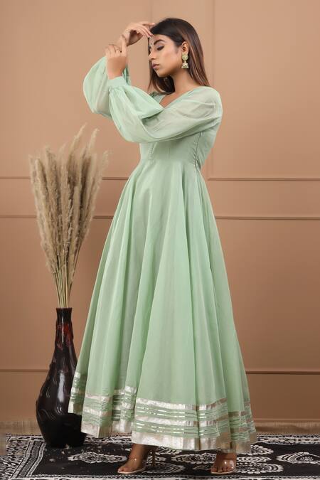 Shop_Suti Kapda_Green Chanderi Gota Patti V-neck Work Flared Gown _Online_at_Aza_Fashions