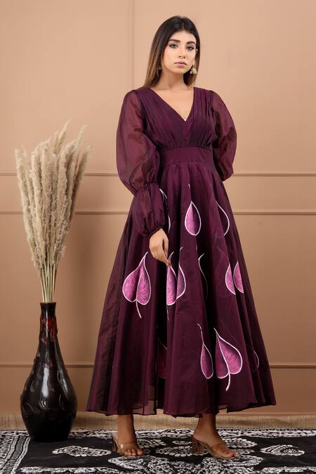 Shop_Suti Kapda_Wine Chanderi V-neck Floral Handpainted Gown _Online_at_Aza_Fashions
