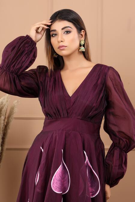 Suti Kapda_Wine Chanderi V-neck Floral Handpainted Gown _at_Aza_Fashions