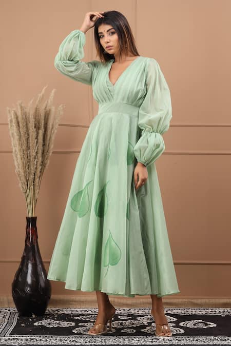 Shop_Suti Kapda_Green Chanderi V-neck Floral Handpainted Flared Gown _Online_at_Aza_Fashions