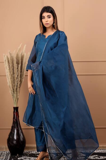 Shop_Suti Kapda_Blue Chanderi Lace Split V-neck Work Kurta Pant Set _Online_at_Aza_Fashions
