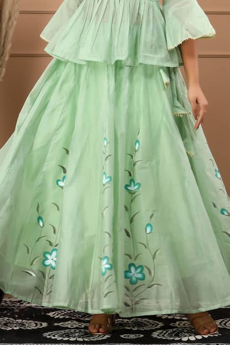 Buy Suti Kapda Green Chanderi Embroidery Split V-neck Handpainted Lehenga Set Online at Aza Fashions Buy_Suti Kapda_Green Chanderi Embroidery Split V-neck Handpainted Lehenga Set _Online_at_Aza_Fashions