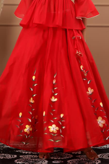 Buy Suti Kapda Red Chanderi Embroidery Split V-neck Floral Handpainted Lehenga Set Online at Aza Fashions Buy_Suti Kapda_Red Chanderi Embroidery Split V-neck Floral Handpainted Lehenga Set _Online_at_Aza_Fashions