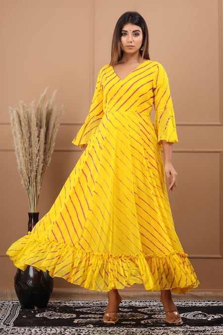 Suti Kapda_Yellow Chiffon V-neck Leheriya Pattern Flared Gown _Online_at_Aza_Fashions